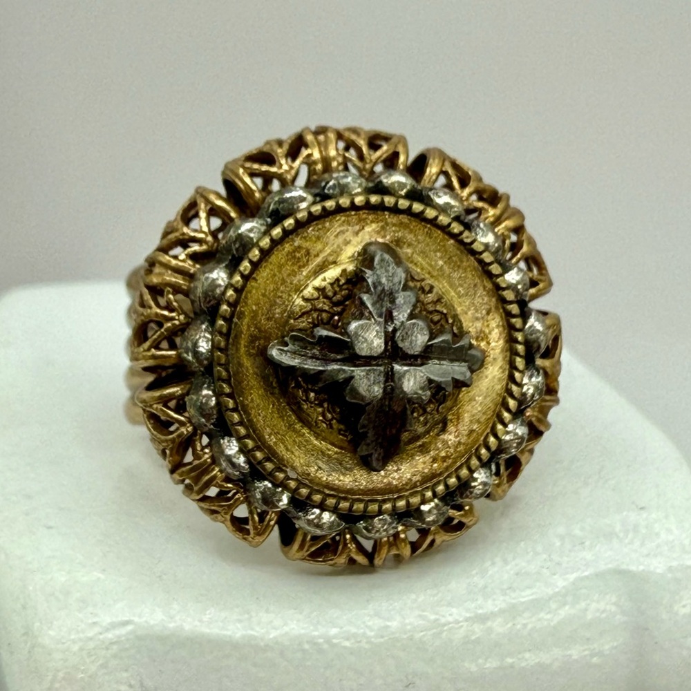 Vintage Grandmother’s Buttons Antique Brass &Cut Steel Statement Ring Adjustable
